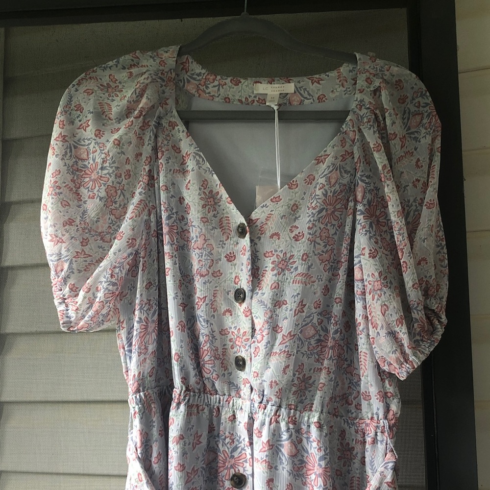 Light Blue Floral Button-Down Midi Dress with Puff Sleeves